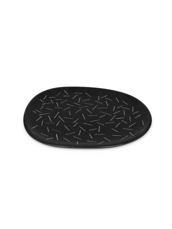 Small plate with line sgraffito patterns made with black porcelain