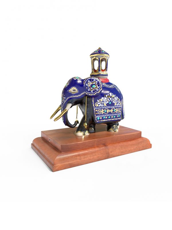 Perahera Tusker Elephant Medium (Blue) with real gold and synthetic gems on a wooden base
