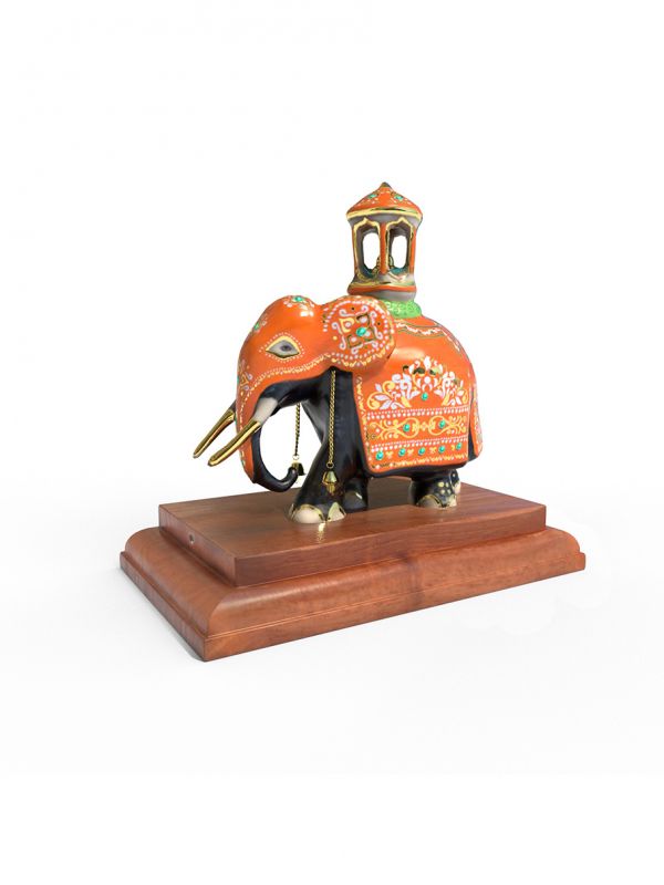 Perahera Tusker Elephant Medium (Orange) with real gold and synthetic gems on a wooden base