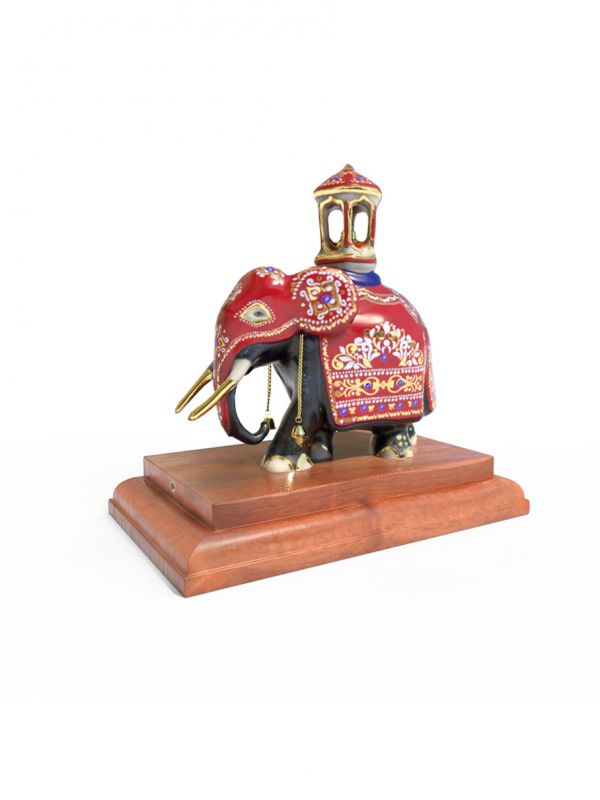 Perahera Tusker Elephant Medium (Red) with real gold and synthetic gems on a wooden base