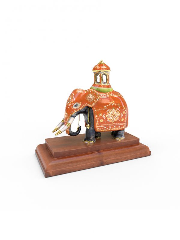 Perahera Tusker Elephant small (Orange) with real gold on a wooden base