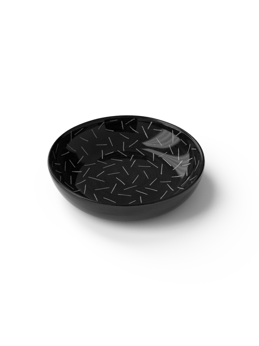 Lunch bowl with line sgraffito patterns made with black porcelain