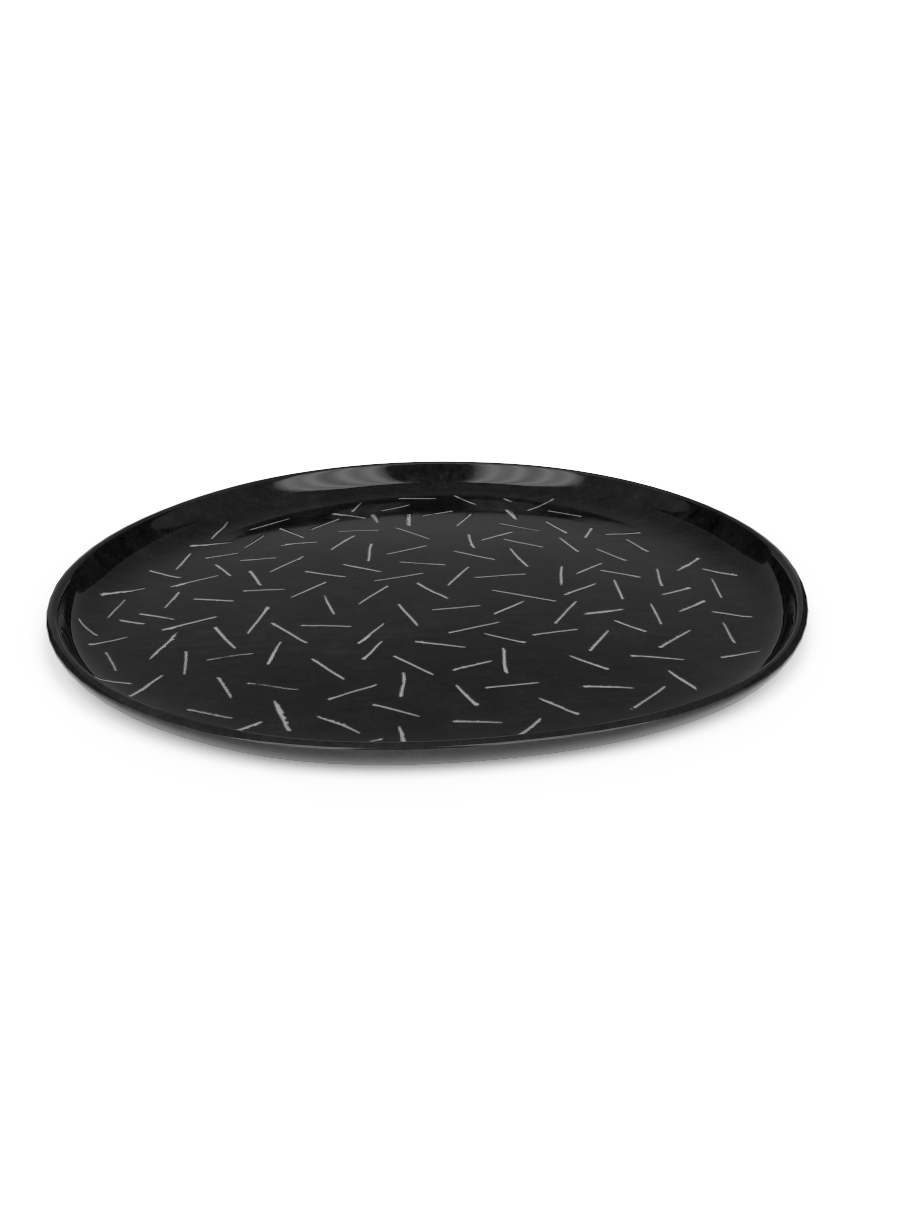 Large plate with line sgraffito patterns made with black porcelain