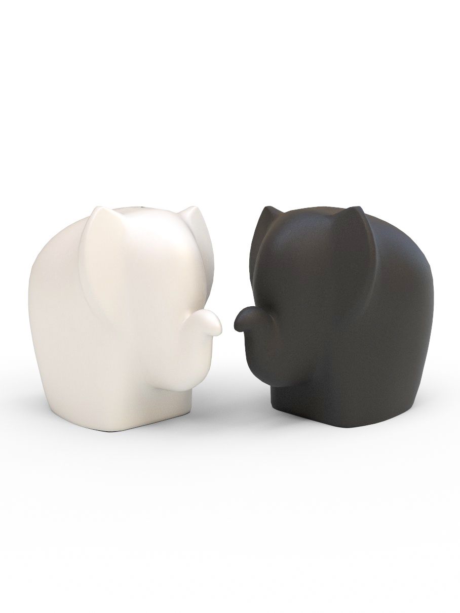 Elephant salt and pepper set trunk up (Matte white and black)