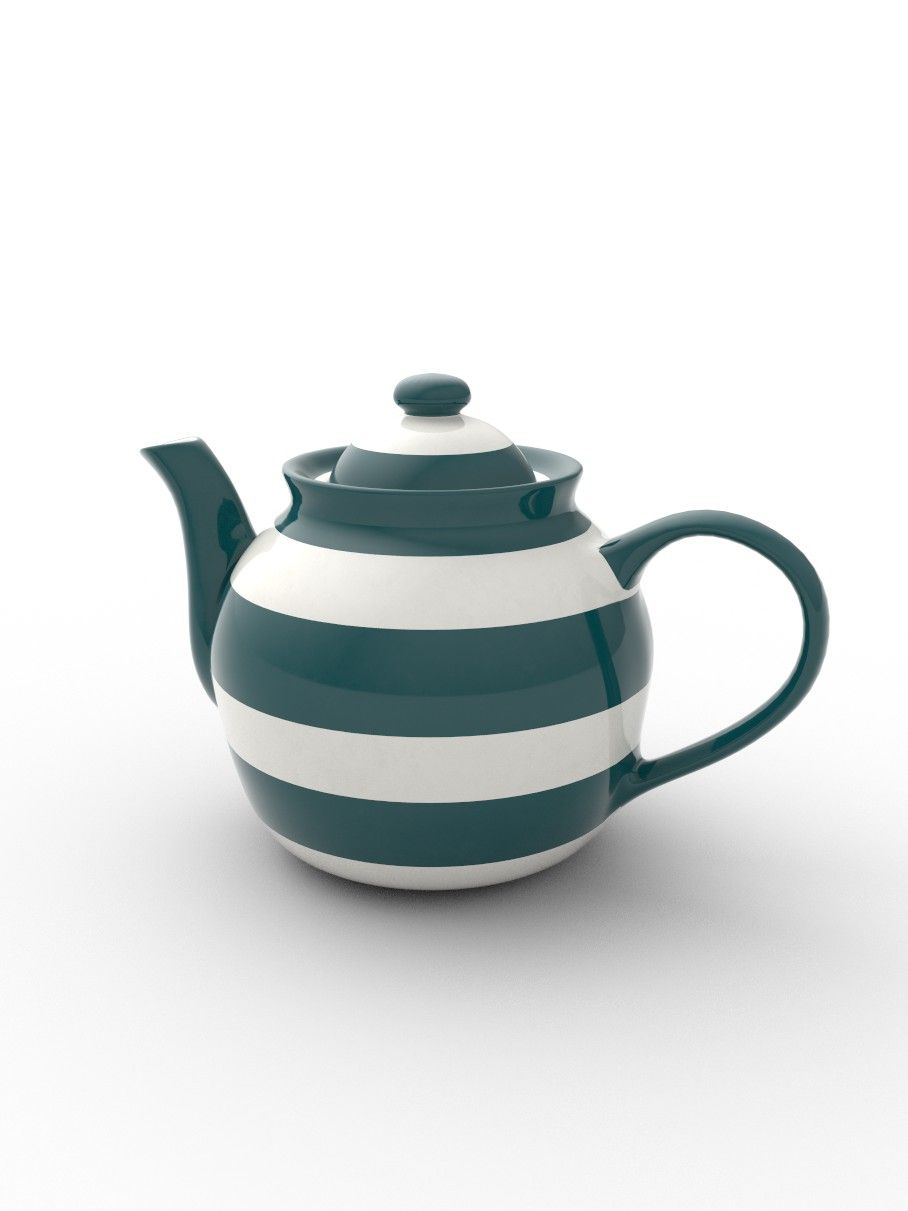 Green and White striped hand painted Teapot with Lid