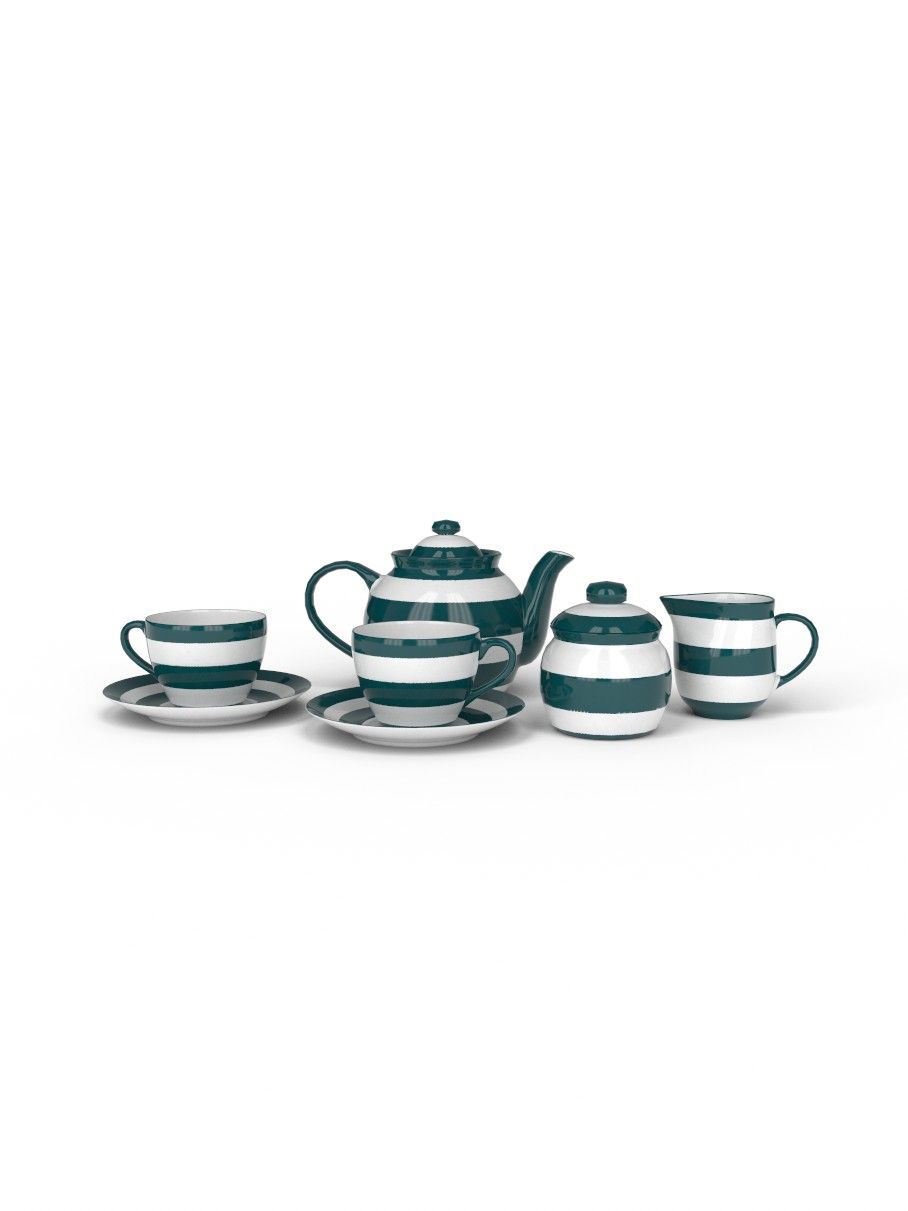 Green and White striped hand painted 17pcs tea set