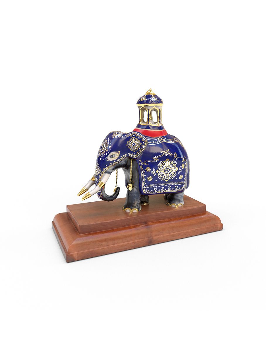 Perahera Tusker Elephant small (Blue) with real gold on a wooden base