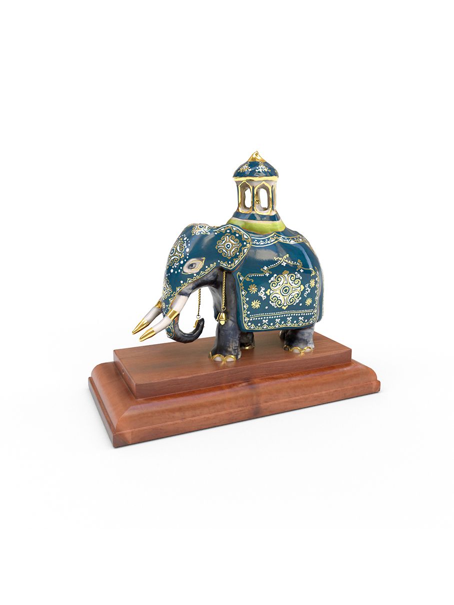 Perahera Tusker Elephant small (Green) with real gold on a wooden base
