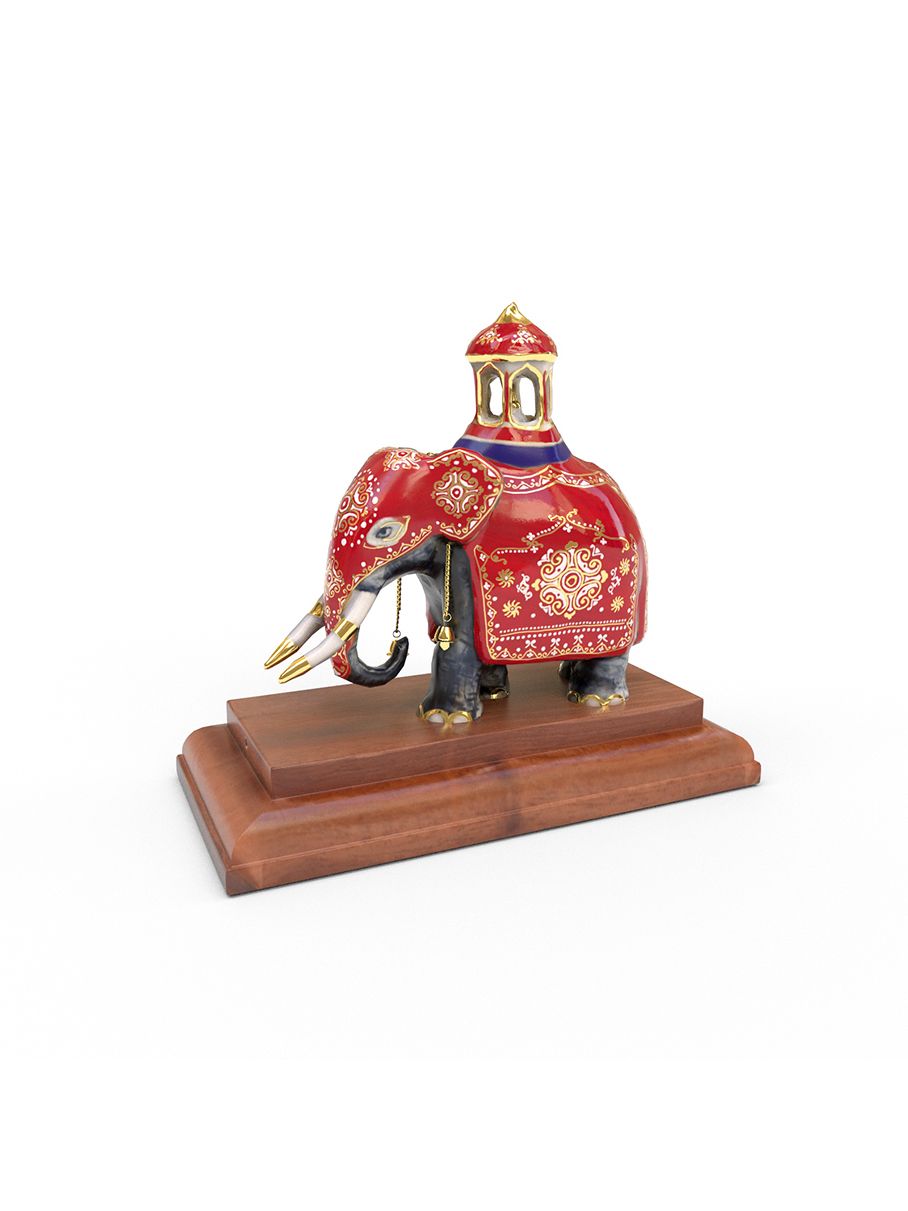 Perahera Tusker Elephant small (Red) with real gold on a wooden base